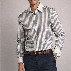 Paul Fredrick French Cuff Dress Shirt 18.5-36 Gray White Stripe Pearl Finish